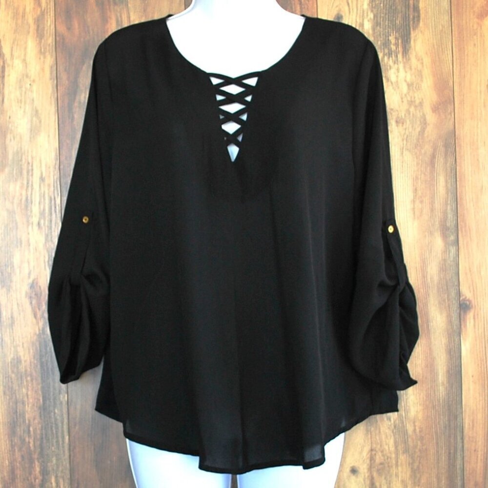 Belle Tweed Adjustable Sleeve Blouse Black L